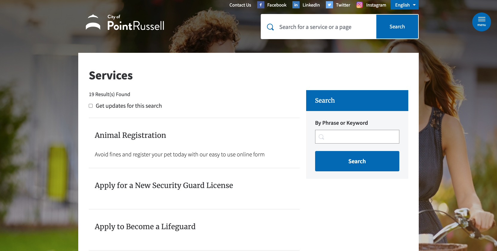 Service listing page with global template