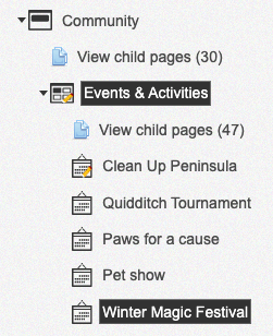 Events listing and event pages in the site tree