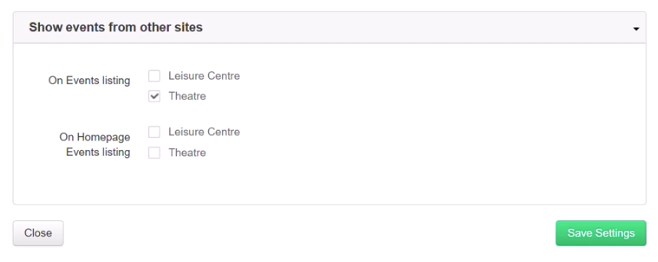 Show events from other sites menu in the site management settings of the public site