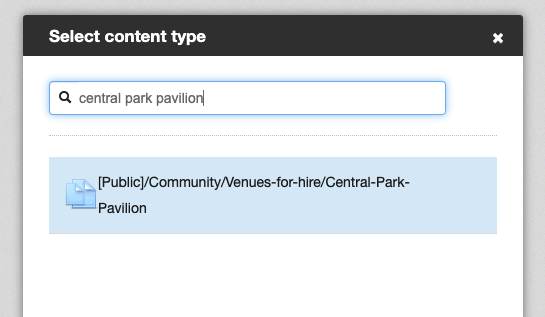 Content type selection menu showing the shared page's complete URL