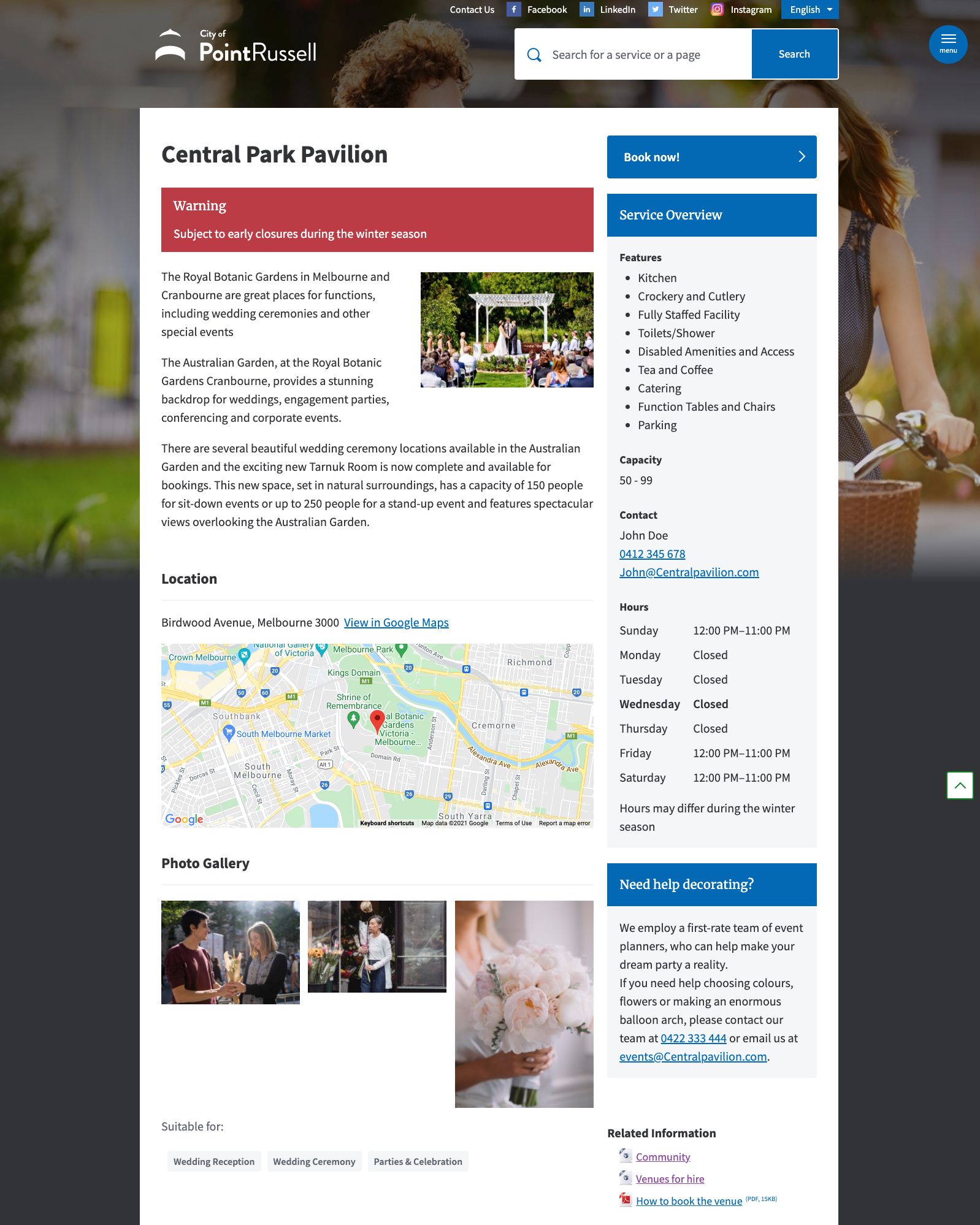 Example of a venue with the default template