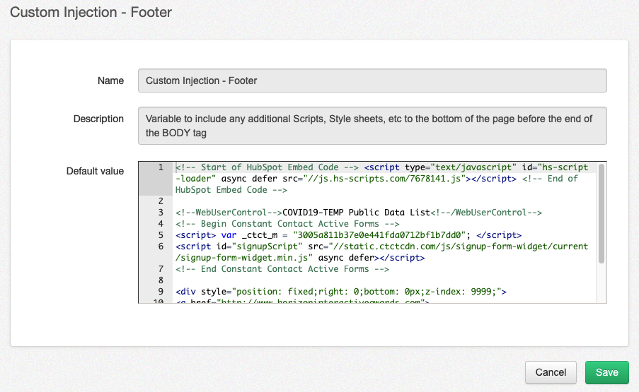 Custom footer code fields in device variables