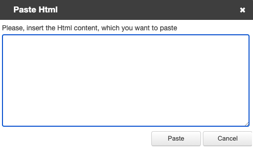 The paste HTML pop-up screen