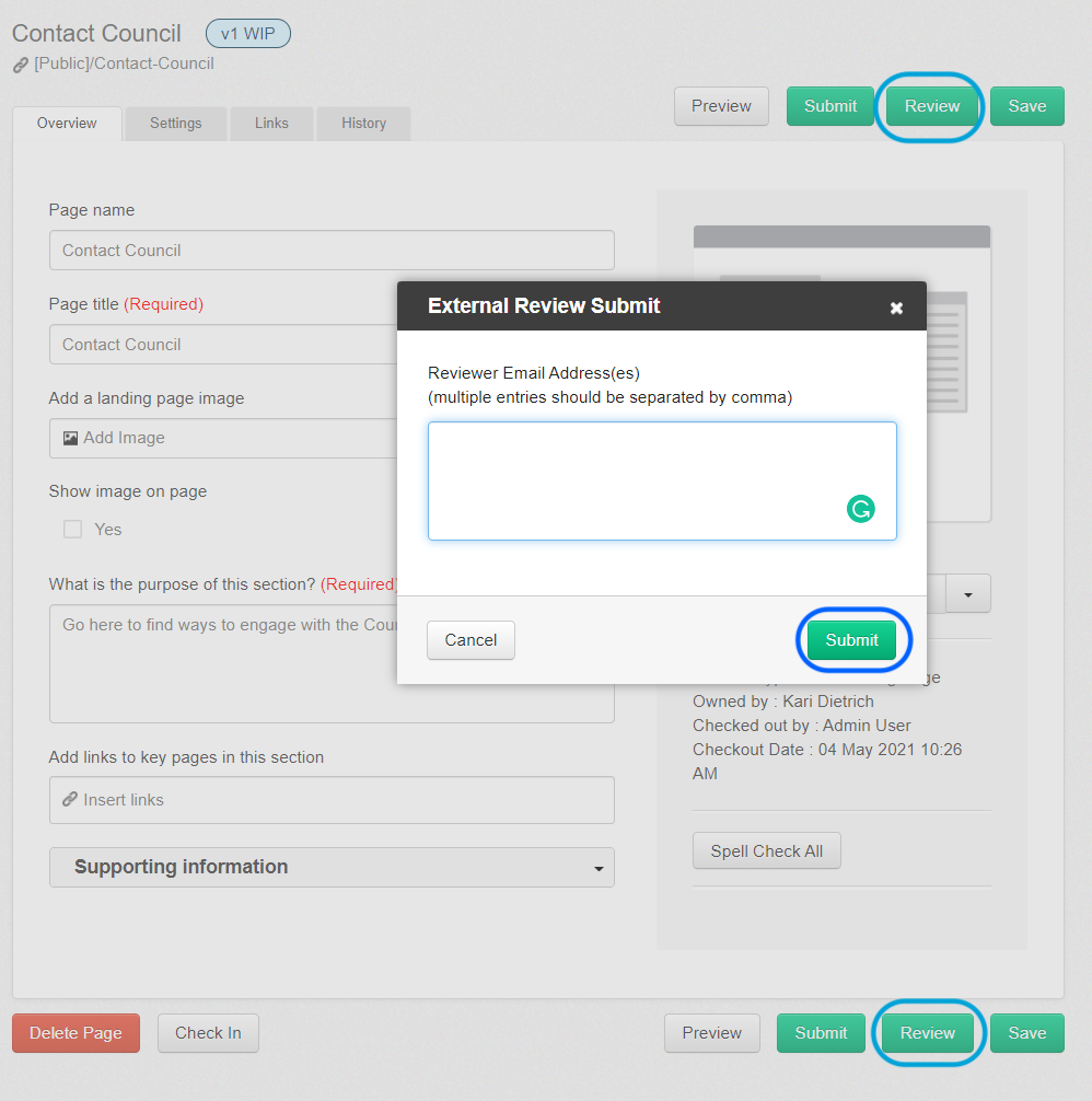 The external review selection screen