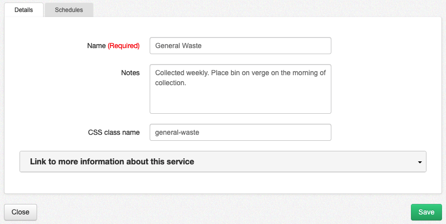 the details and schedules tabs in the waste services