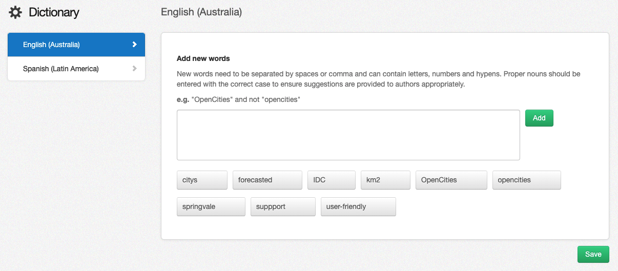 The custom dictionary menu