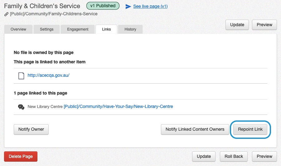 The repoint link button in the links tab