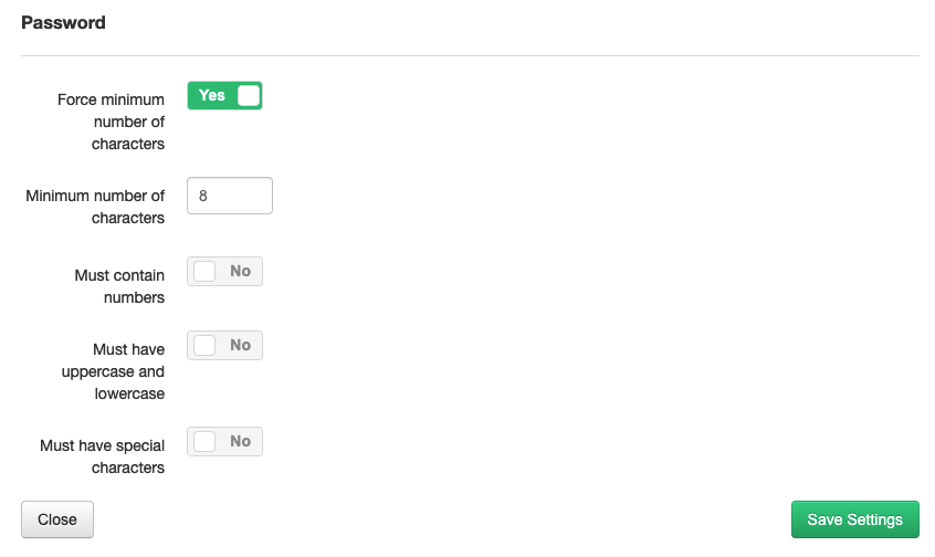 password rules settings in site management