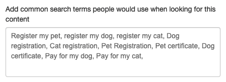 the common search terms field on a service page