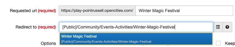 the redirect to field with a page selected
