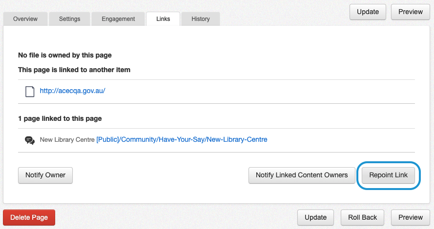 The repoint links button