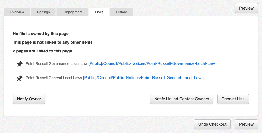 the links tab of a page