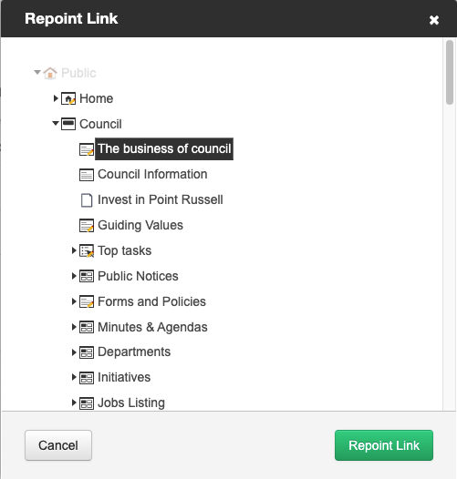 the site tree to repoint links