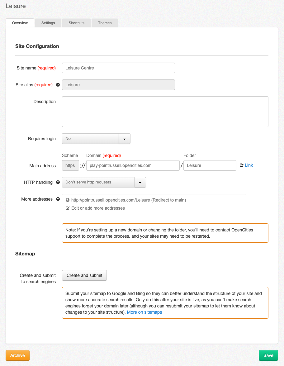 the overview tab for a subsite