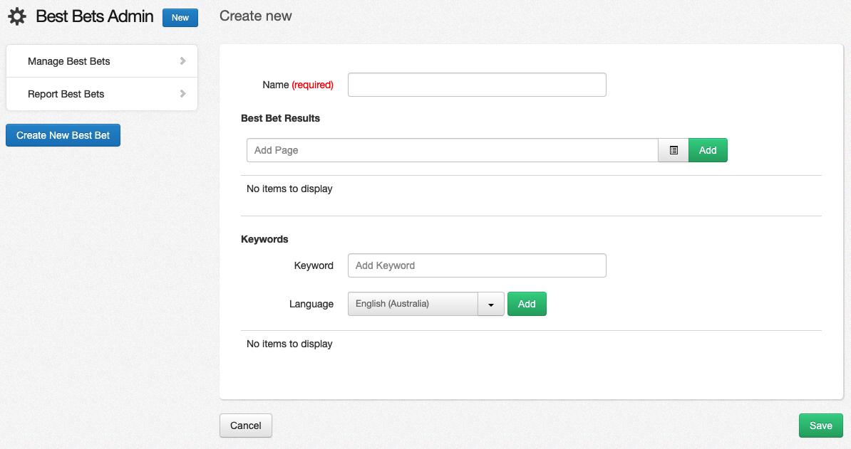Create a new Best Bet menu