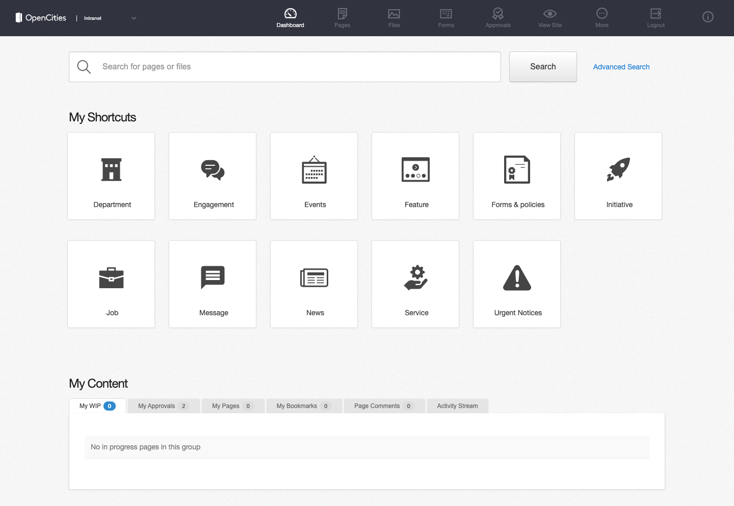 The dashboard in the admin of your website