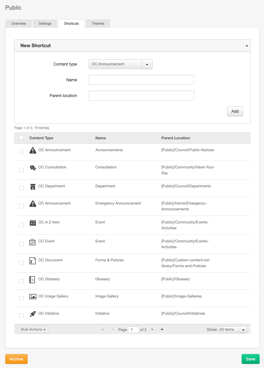 Shortcuts tab in site management