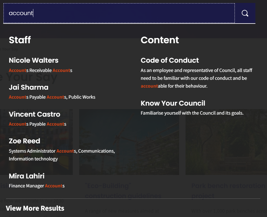 combined predictive search results on an Intranet