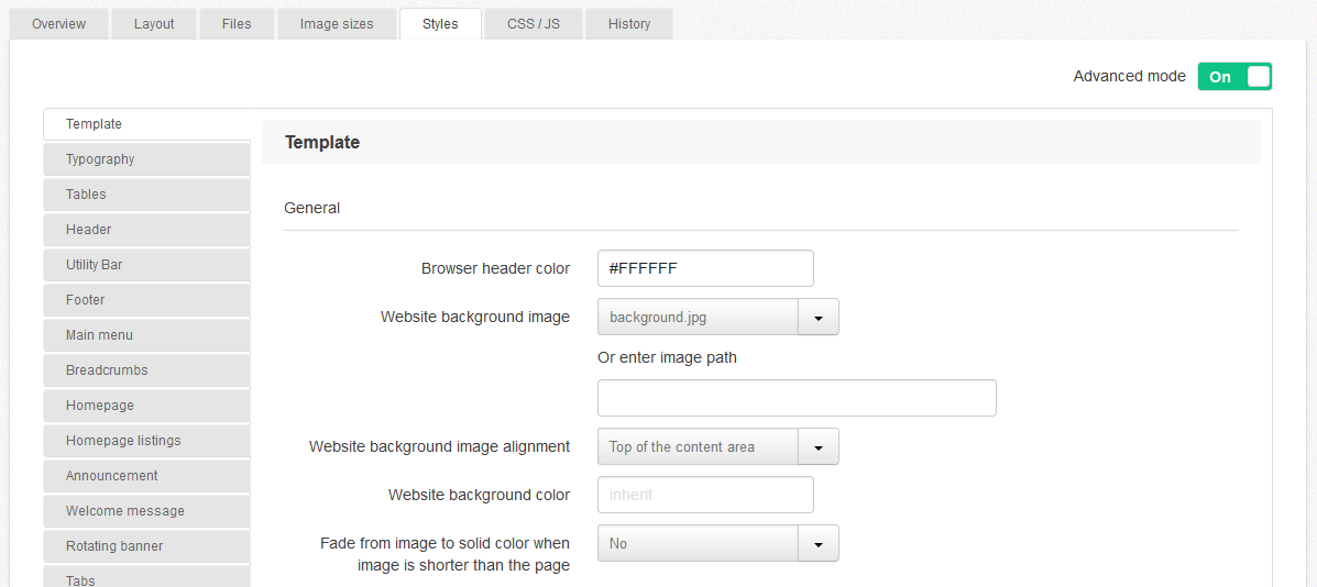 the Styles tab in Theme Builder