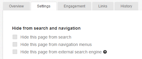 the hide from search and navigation settings on a page