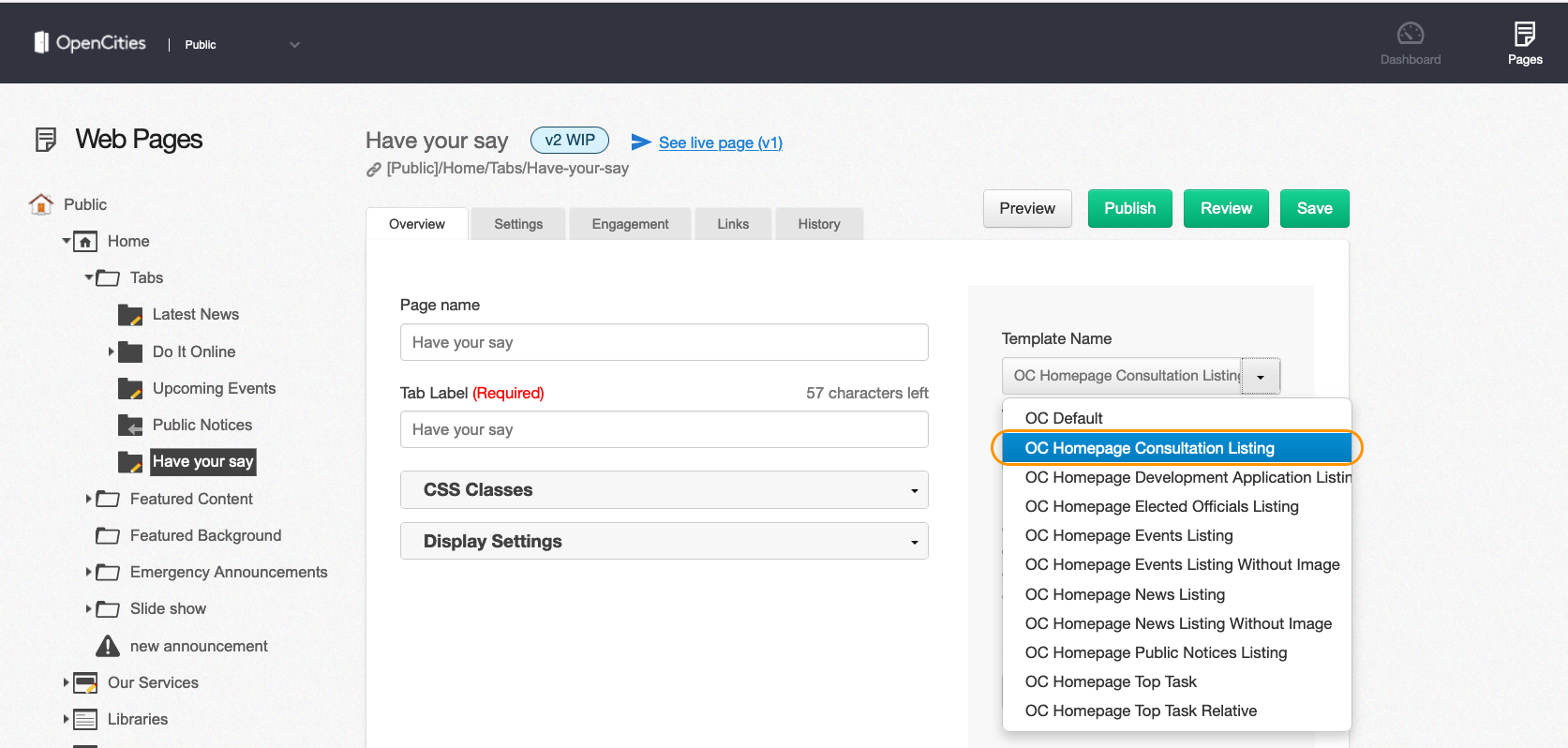 EngagementHQ tab for homepage