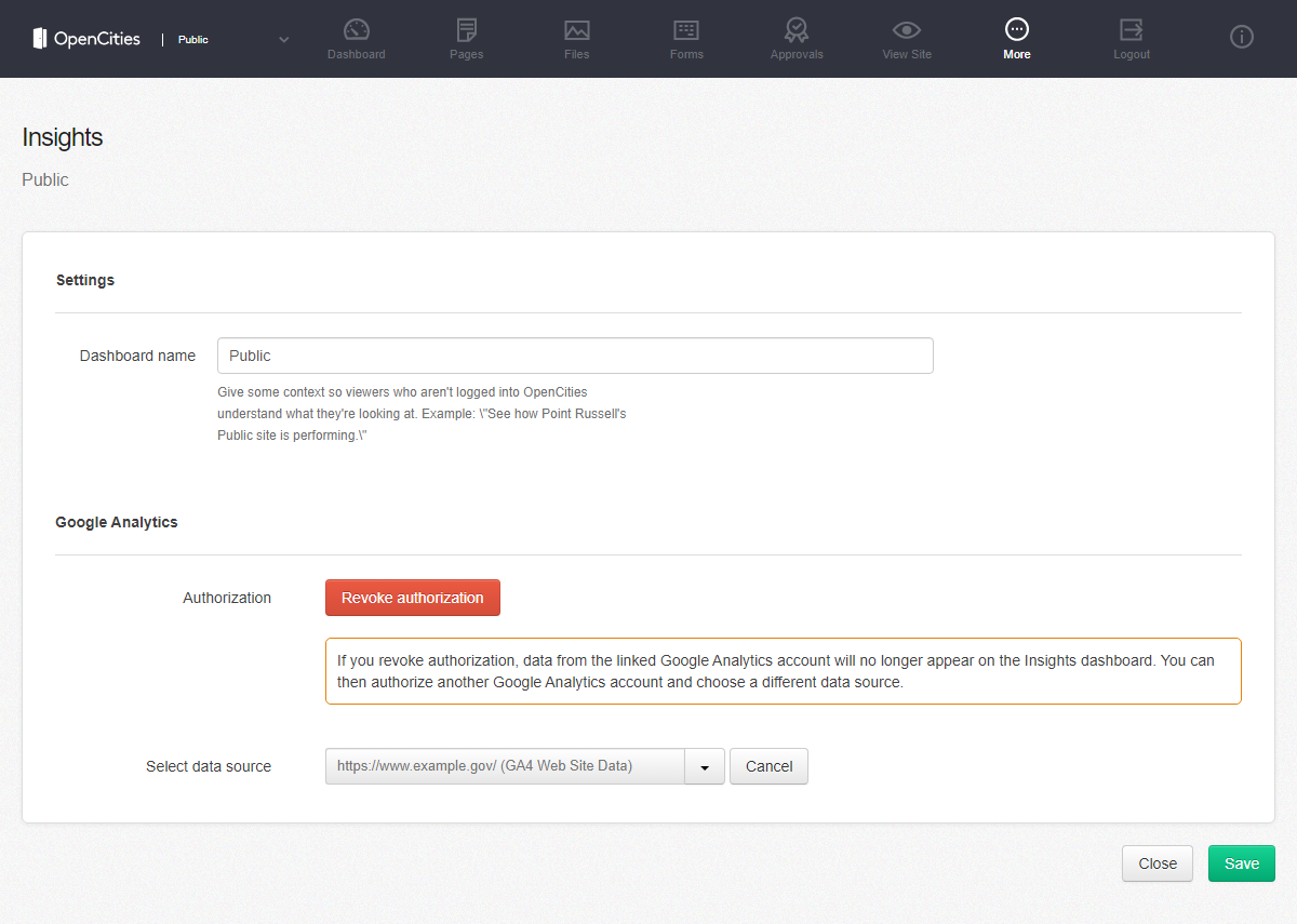 the data source dropdown menu in the Google Analytics section of the insights dashboard