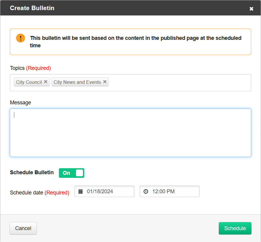 the create bulletin text box with scheduled publish dates