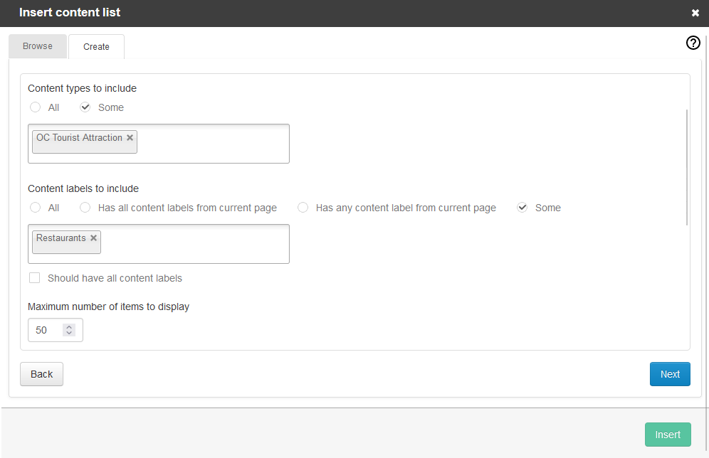 content list option settings